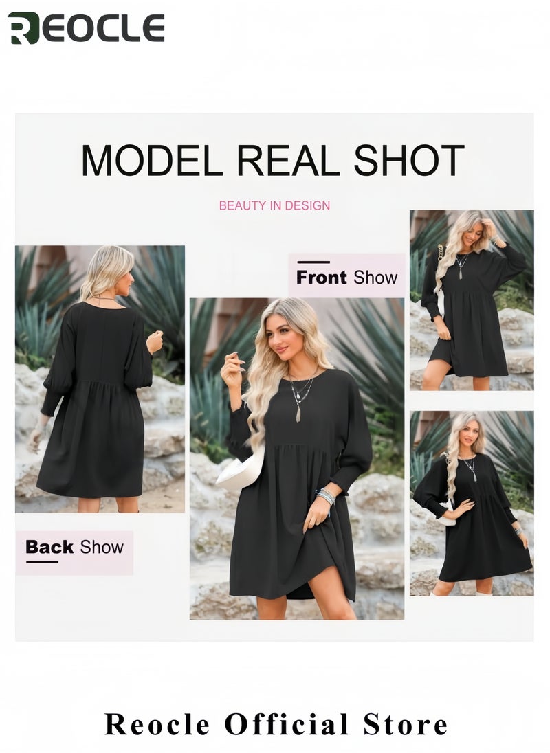 Womens Summer Spring Dresses Casual Tunic Dress Short Sleeve Crew Neck Flowy Swing Mini Dress