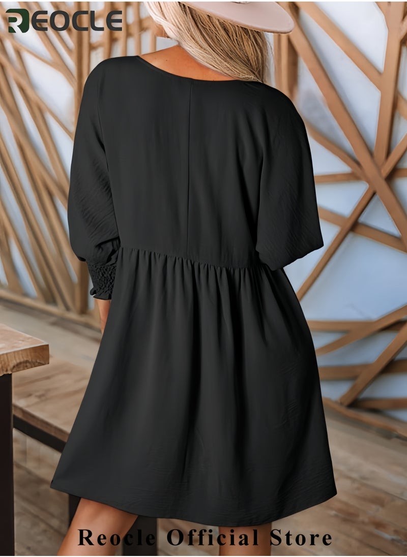 Womens Summer Spring Dresses Casual Tunic Dress Short Sleeve Crew Neck Flowy Swing Mini Dress