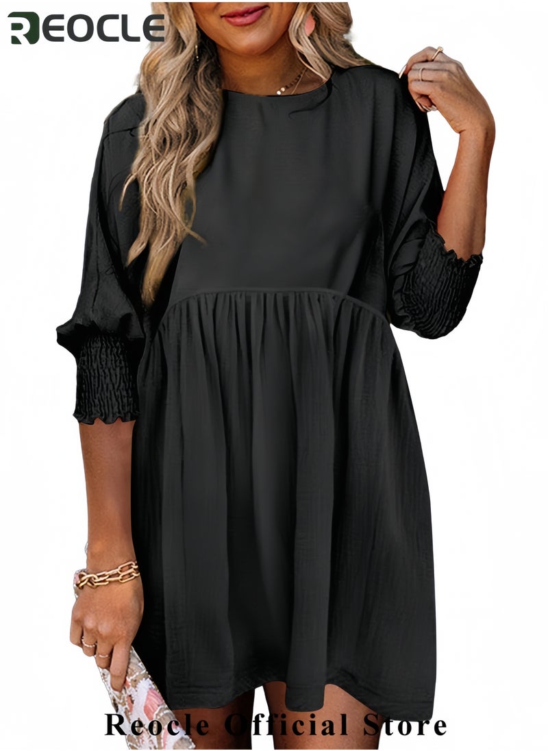 Womens Summer Spring Dresses Casual Tunic Dress Short Sleeve Crew Neck Flowy Swing Mini Dress