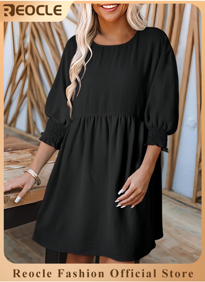 Womens Summer Spring Dresses Casual Tunic Dress Short Sleeve Crew Neck Flowy Swing Mini Dress