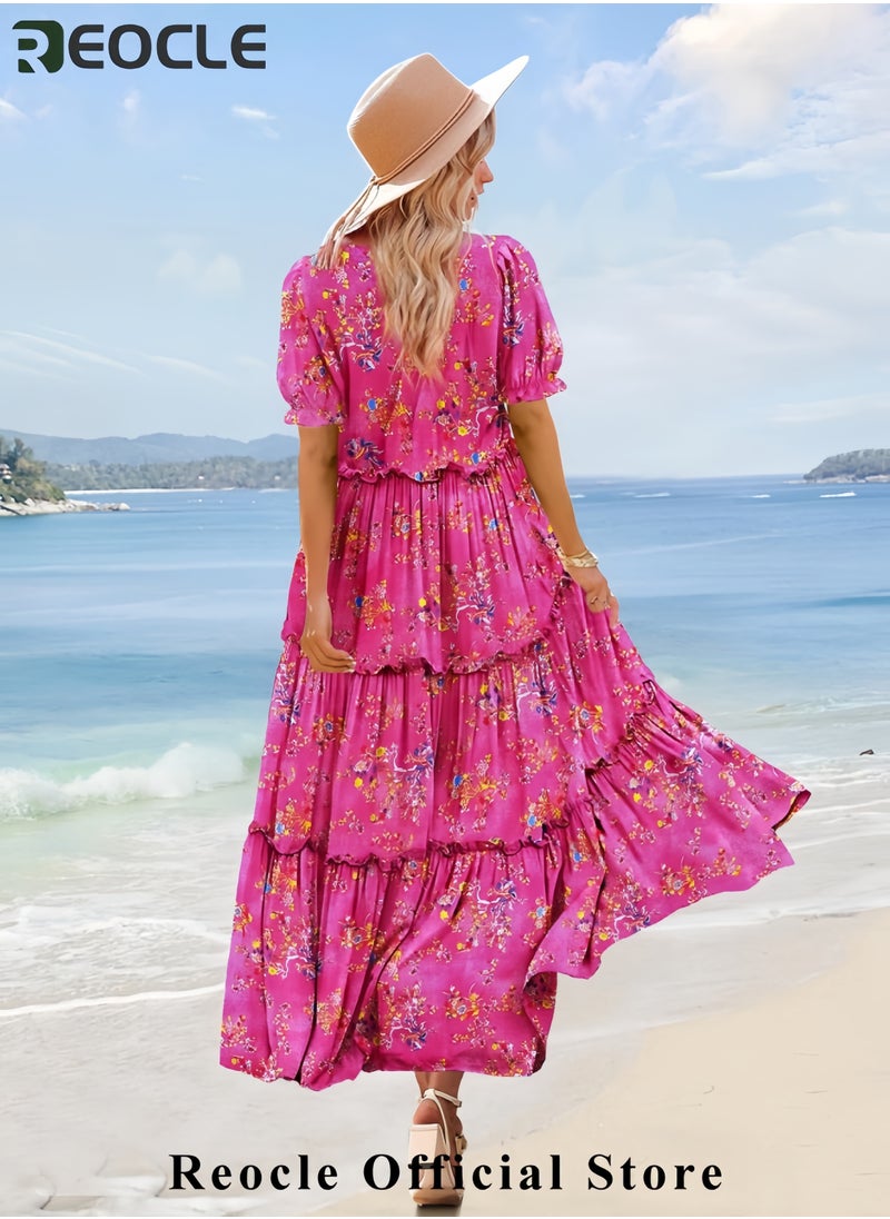 Summer Casual Bohemian Floral Dresses for Women Puff Short Sleeve Long Maxi Dress with Pockets ETX