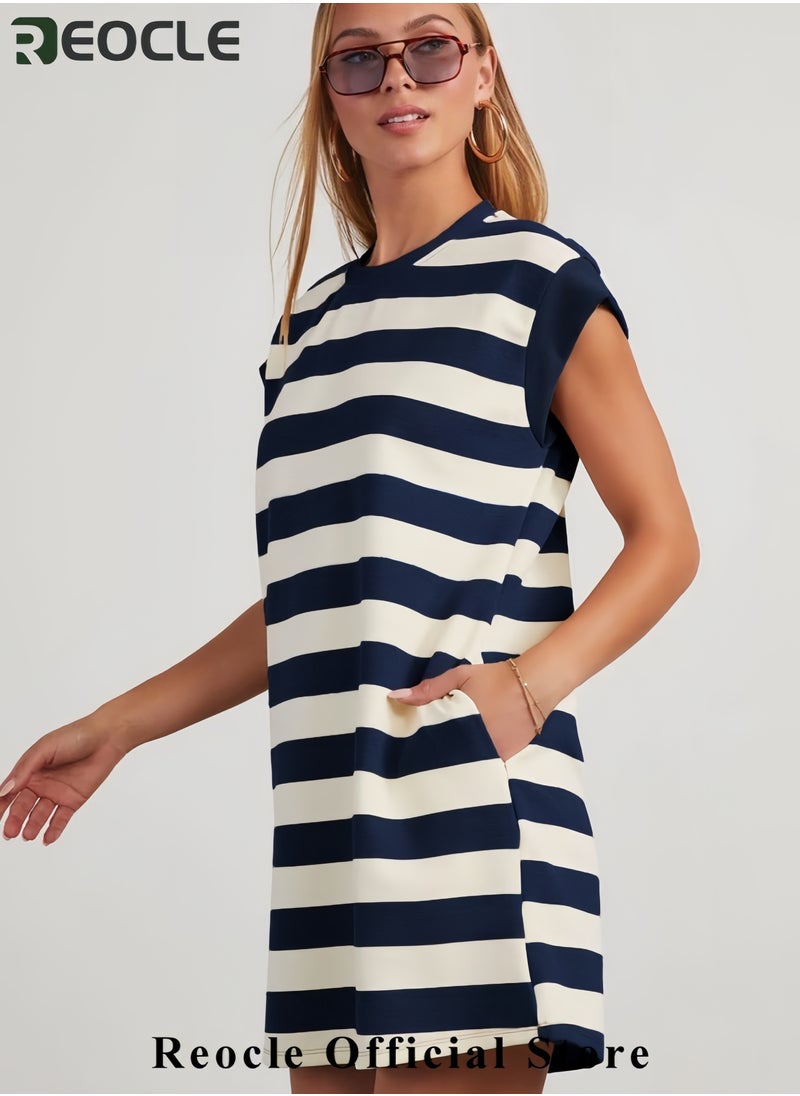 Womens Striped Summer Dresses Crewneck Cap Sleeve Color Block Casual A Line Tshirt Dress with Pockets