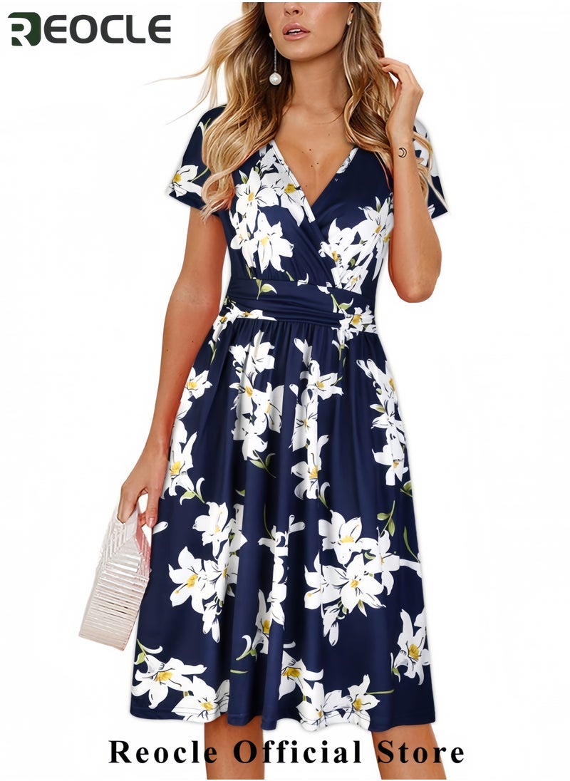 Women's Summer Short Sleeve V-Neck Floral Short Party Dress with Pockets