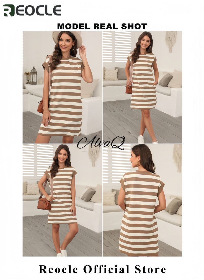 Womens Striped Summer Dresses Crewneck Cap Sleeve Color Block Casual A Line Tshirt Dress with Pockets