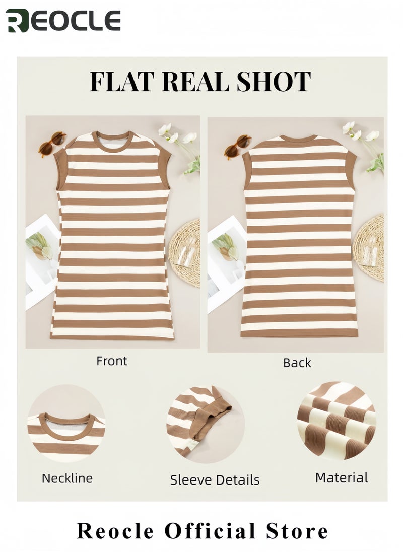 Womens Striped Summer Dresses Crewneck Cap Sleeve Color Block Casual A Line Tshirt Dress with Pockets
