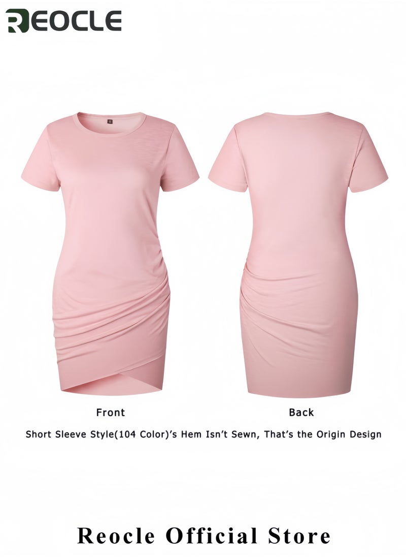 Women's Summer Casual Beach Dresses Crew Neck Short Sleeve Wrap Party Club Mini Ruched Bodycon T Shirt Dress