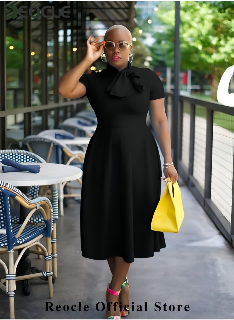 Women's Elegant Casual Short Sleeve Work Party A-Line Dress with Pockets