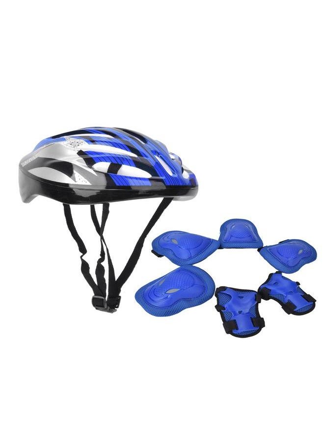 7pcs Adult Roller Skating Protection Gear Set Knee Pads Elbow Pads Gloves Helmet(Blue Adult)