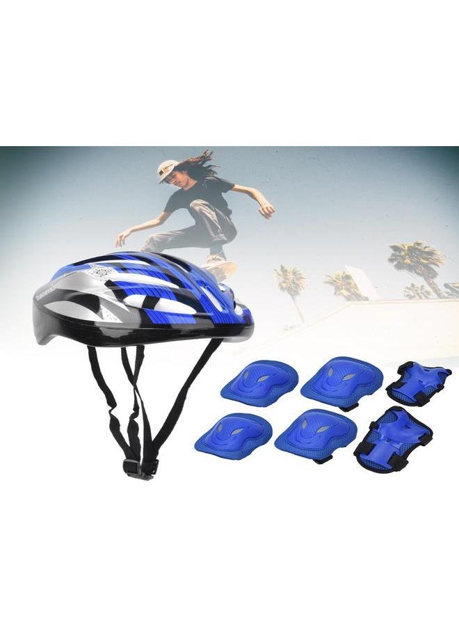 7pcs Adult Roller Skating Protection Gear Set Knee Pads Elbow Pads Gloves Helmet(Blue Adult)