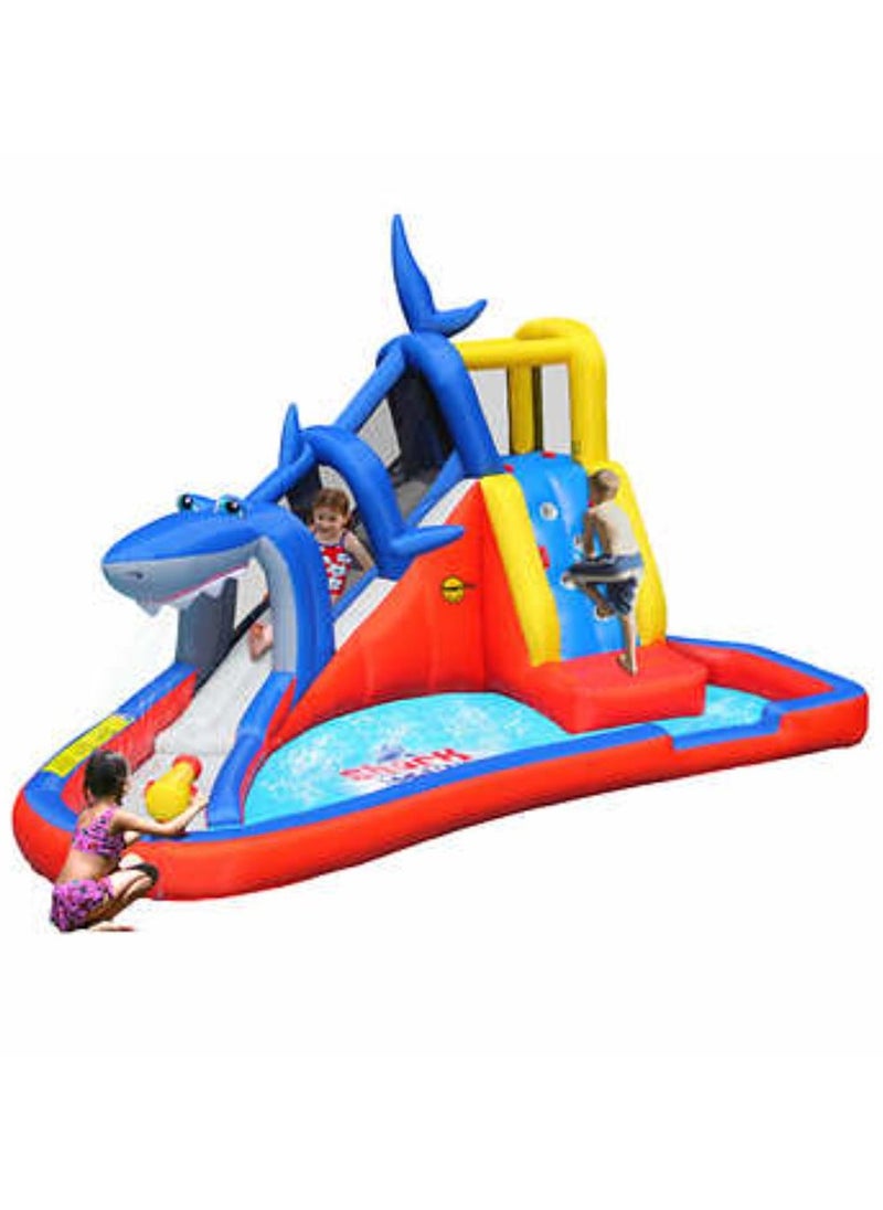 Happy Hop Shark Cave Adventure with Water Slide, Climbing Wall and Water Cannon 520x390x324cm | Inflatable Water Park for Outdoor Play | Water Play Adventure Powered by Electric Air Blower | Suitable for Ages 3+