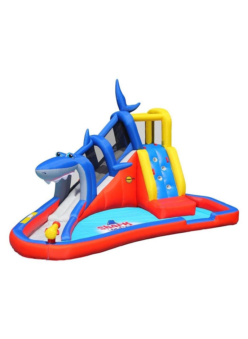 Happy Hop Shark Cave Adventure with Water Slide, Climbing Wall and Water Cannon 520x390x324cm | Inflatable Water Park for Outdoor Play | Water Play Adventure Powered by Electric Air Blower | Suitable for Ages 3+