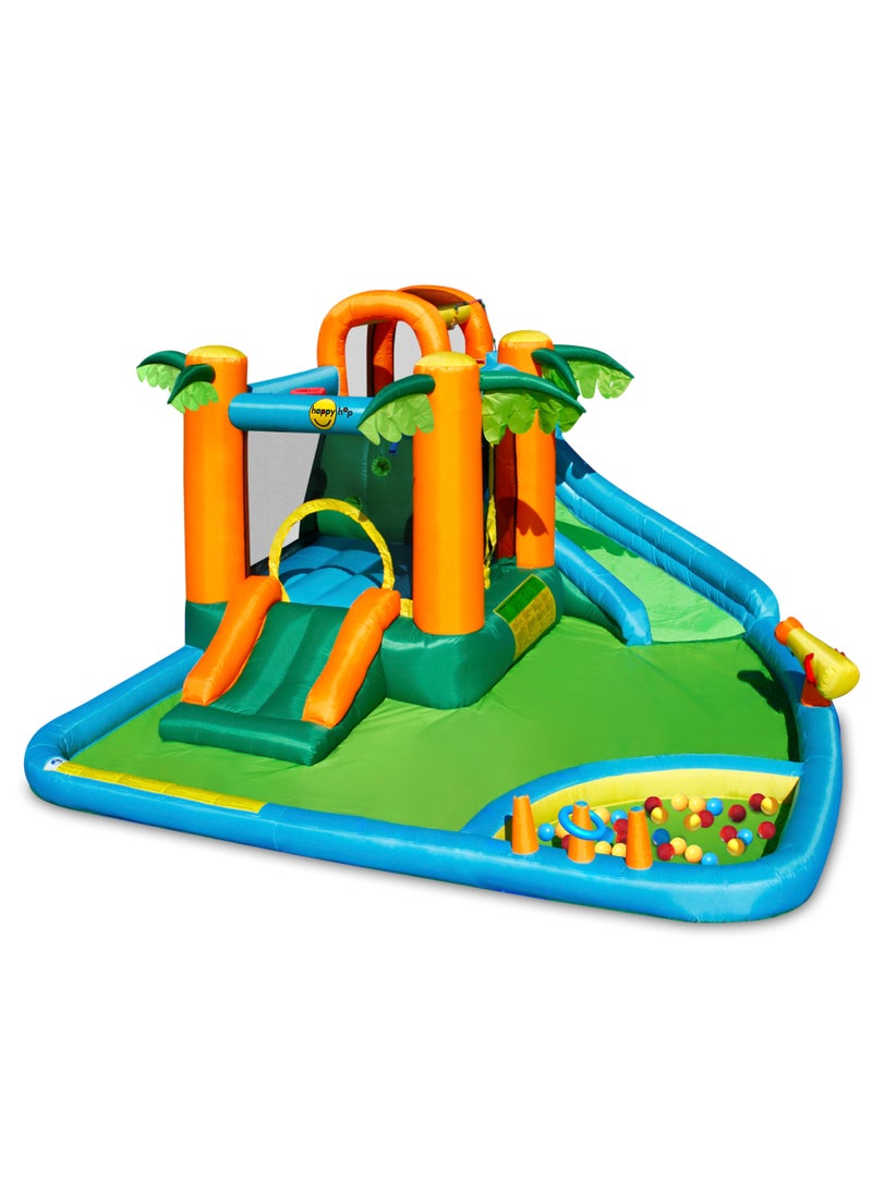 Happy Hop The Oasis 7-in-1 with 2 Water Slides, Climbing Wall and Water Cannon 430x375x205cm | Inflatable Bouncer | Inflatable Water Park with Electric Blower | Jumping Castle for Outdoor Play | Water Play Adventure | Suitable for Ages 3+