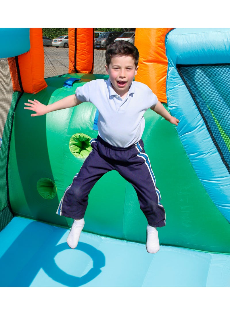 Happy Hop The Oasis 7-in-1 with 2 Water Slides, Climbing Wall and Water Cannon 430x375x205cm | Inflatable Bouncer | Inflatable Water Park with Electric Blower | Jumping Castle for Outdoor Play | Water Play Adventure | Suitable for Ages 3+