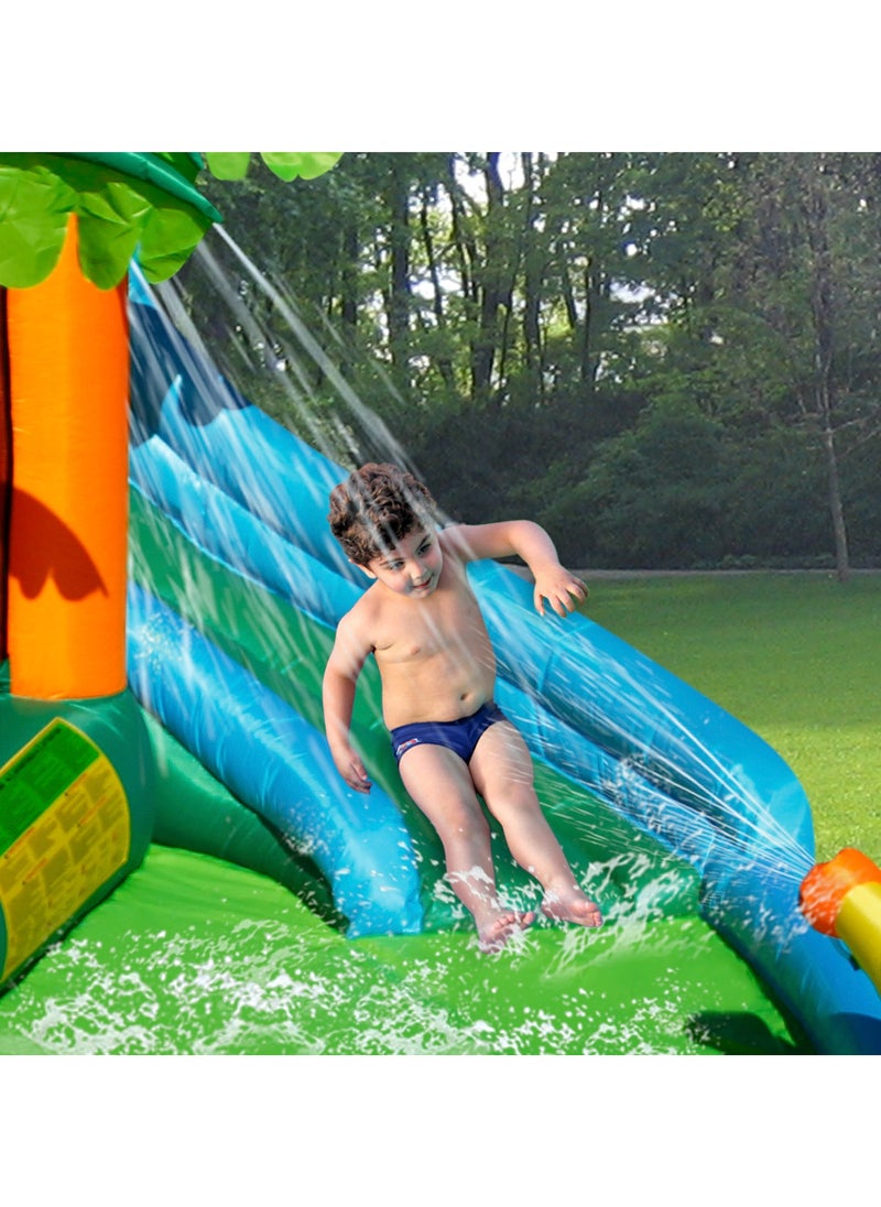 Happy Hop The Oasis 7-in-1 with 2 Water Slides, Climbing Wall and Water Cannon 430x375x205cm | Inflatable Bouncer | Inflatable Water Park with Electric Blower | Jumping Castle for Outdoor Play | Water Play Adventure | Suitable for Ages 3+