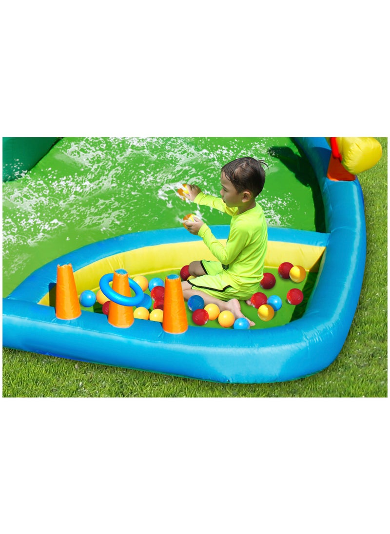 Happy Hop The Oasis 7-in-1 with 2 Water Slides, Climbing Wall and Water Cannon 430x375x205cm | Inflatable Bouncer | Inflatable Water Park with Electric Blower | Jumping Castle for Outdoor Play | Water Play Adventure | Suitable for Ages 3+