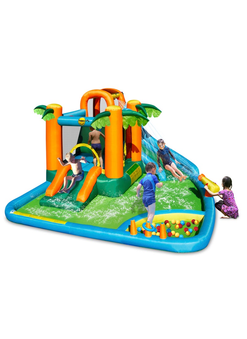 Happy Hop The Oasis 7-in-1 with 2 Water Slides, Climbing Wall and Water Cannon 430x375x205cm | Inflatable Bouncer | Inflatable Water Park with Electric Blower | Jumping Castle for Outdoor Play | Water Play Adventure | Suitable for Ages 3+