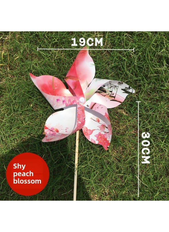 Plastic Cherry Blossom Internet Red Macaron Windmill Dance Props Handheld Wooden Pole Rotating Kindergarten Color Outdoor-Color:Five-leaf Elegant Peach Blossom-Specifications:20 Pieces (free 10m Wire Ropes)