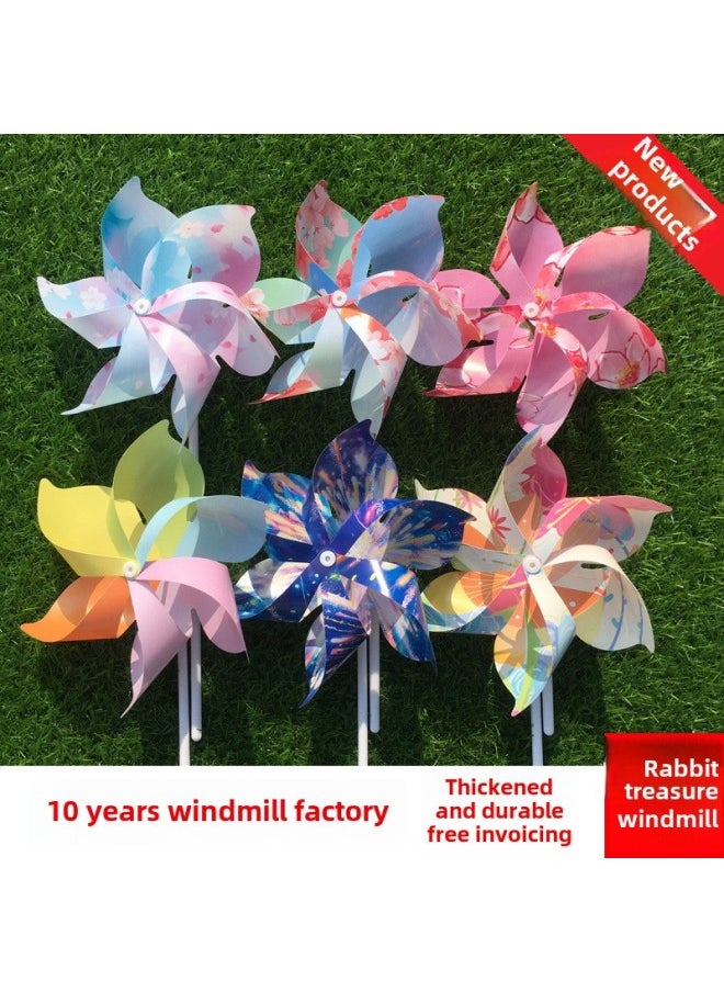 Plastic Cherry Blossom Internet Red Macaron Windmill Dance Props Handheld Wooden Pole Rotating Kindergarten Color Outdoor-Color:Five-leaf Elegant Peach Blossom-Specifications:20 Pieces (free 10m Wire Ropes)