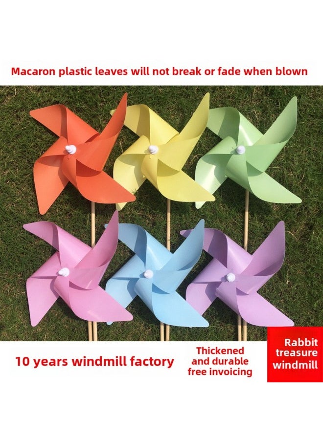 Plastic Cherry Blossom Internet Red Macaron Windmill Dance Props Handheld Wooden Pole Rotating Kindergarten Color Outdoor-Color:Five-leaf Elegant Peach Blossom-Specifications:20 Pieces (free 10m Wire Ropes)