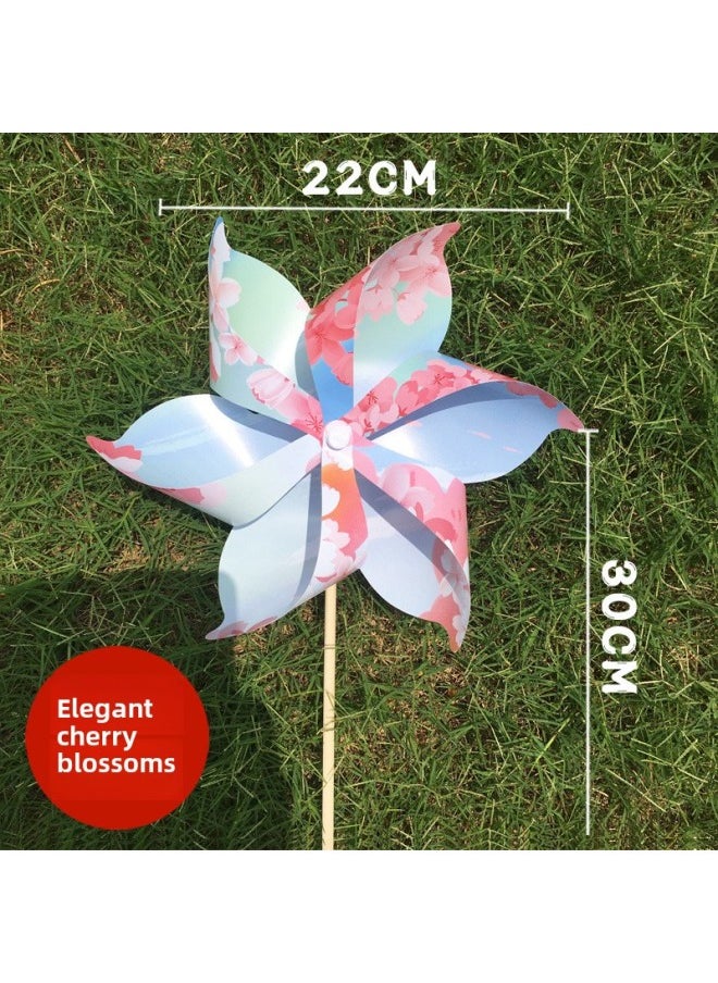 Plastic Cherry Blossom Internet Red Macaron Windmill Dance Props Handheld Wooden Pole Rotating Kindergarten Color Outdoor-Color:Six-leaf Elegant Cherry Blossoms-Specifications:20 Pieces (free 10m Wire Ropes)