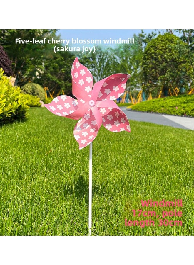 Cherry Blossom Windmill Outdoor Decoration Kindergarten Children's Toy Props Photo Wedding Road Lead Handheld Windmill-Color:Five-leaf 17cm Cherry Blossom Car With Hollow Rod (100) Cherry Joy-Specifications:No Specifications