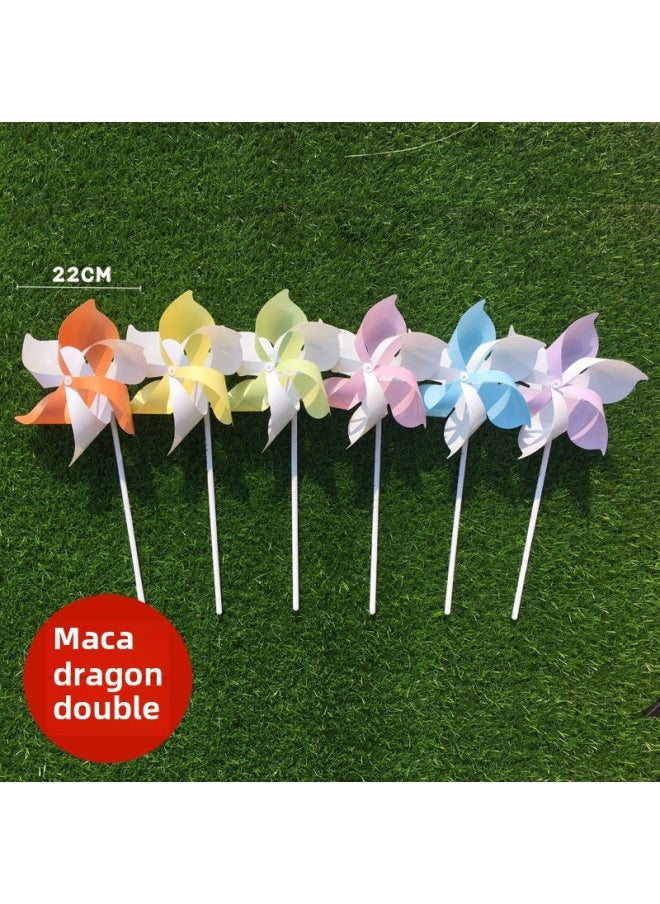 Plastic Cherry Blossom Internet Red Macaron Windmill Dance Props Handheld Wooden Pole Rotating Kindergarten Color Outdoor-Color:Six-leaf Macaron Two-color (six Colors Available)-Specifications:10 Pieces (comes With Plastic Solid Pole