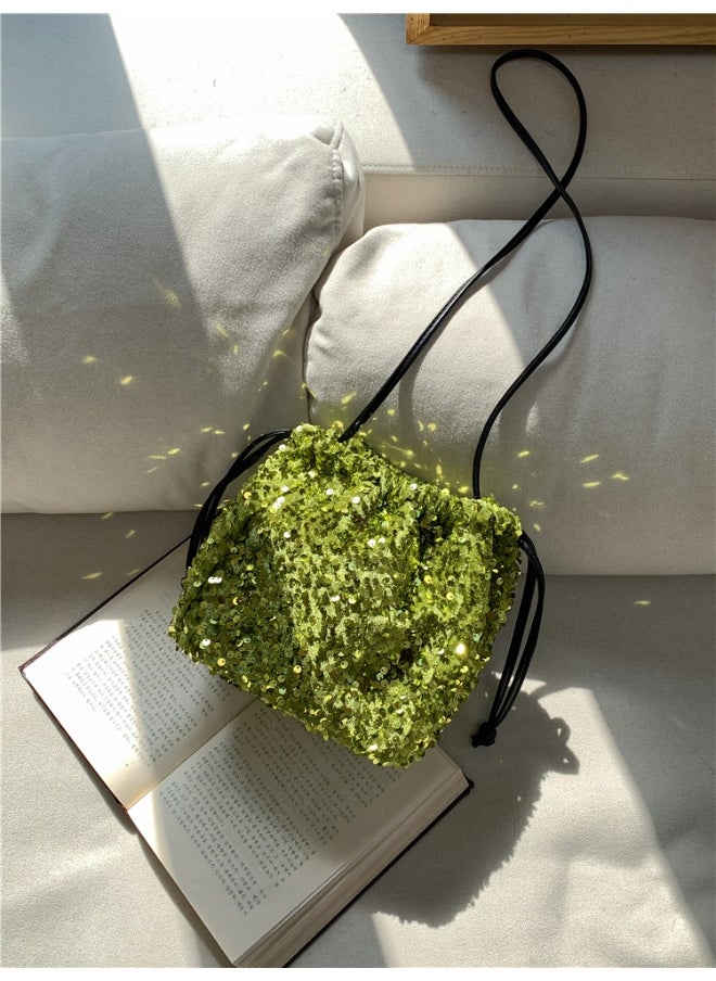 European-american Crossbody Bucket Bag Women's Drawstring Pleated Design Soft Hand Bill Shoulder Bag Color Sequin Bag