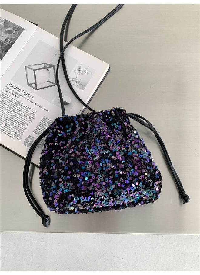 European-american Crossbody Bucket Bag Women's Drawstring Pleated Design Soft Hand Bill Shoulder Bag Color Sequin Bag