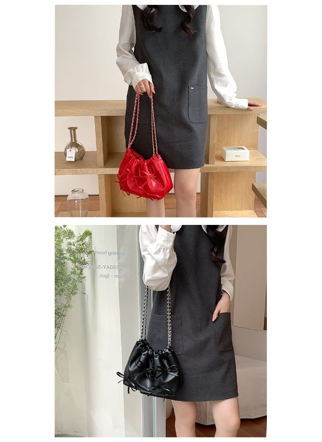Spring Bow Chain Bag Women's Small Fresh Shoulder Bag Female Niche Soft Leather Pleated Bucket Bag