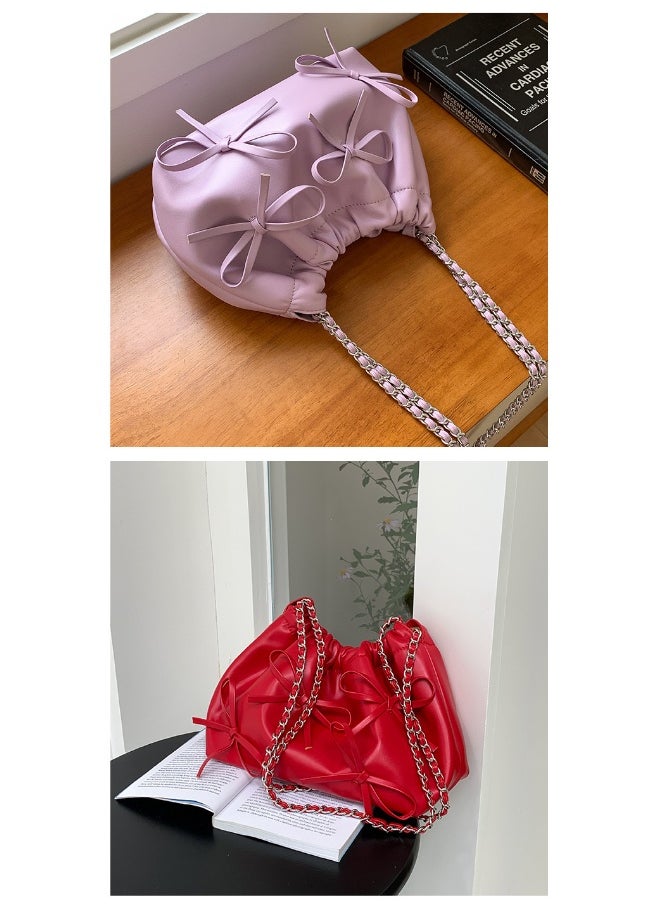 Spring Bow Chain Bag Women's Small Fresh Shoulder Bag Female Niche Soft Leather Pleated Bucket Bag