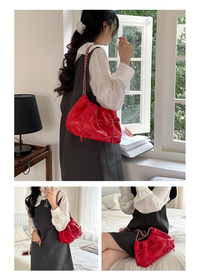 Spring Bow Chain Bag Women's Small Fresh Shoulder Bag Female Niche Soft Leather Pleated Bucket Bag