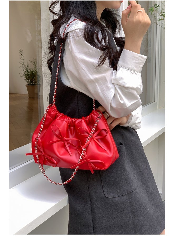 Spring Bow Chain Bag Women's Small Fresh Shoulder Bag Female Niche Soft Leather Pleated Bucket Bag