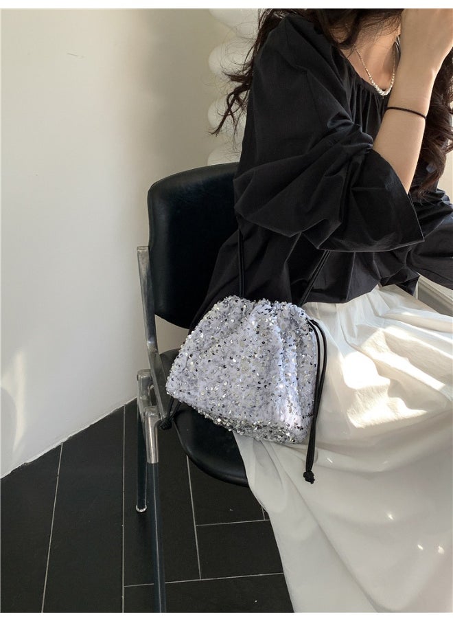 European-american Crossbody Bucket Bag Women's Drawstring Pleated Design Soft Hand Bill Shoulder Bag Color Sequin Bag