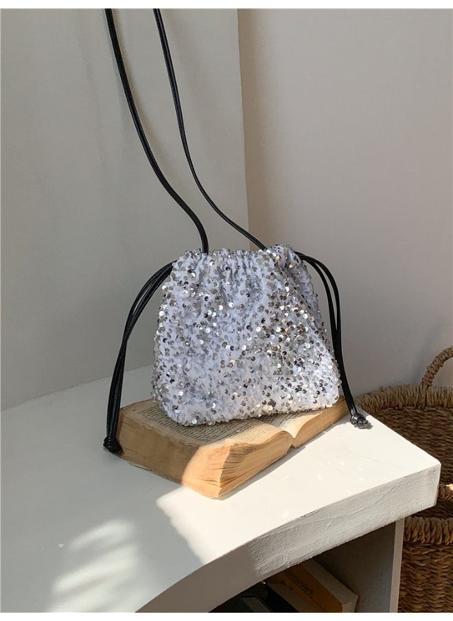 European-american Crossbody Bucket Bag Women's Drawstring Pleated Design Soft Hand Bill Shoulder Bag Color Sequin Bag