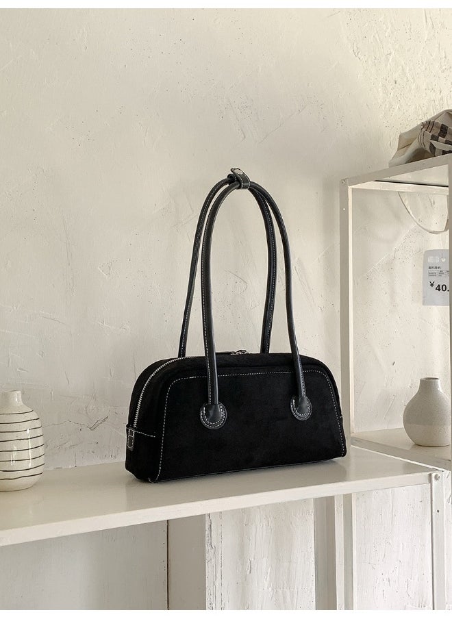 Autumn Suede Baguette Bag Simple Leather Patchwork Underarm Bag Women's Plush Fashion Shoulder Bag