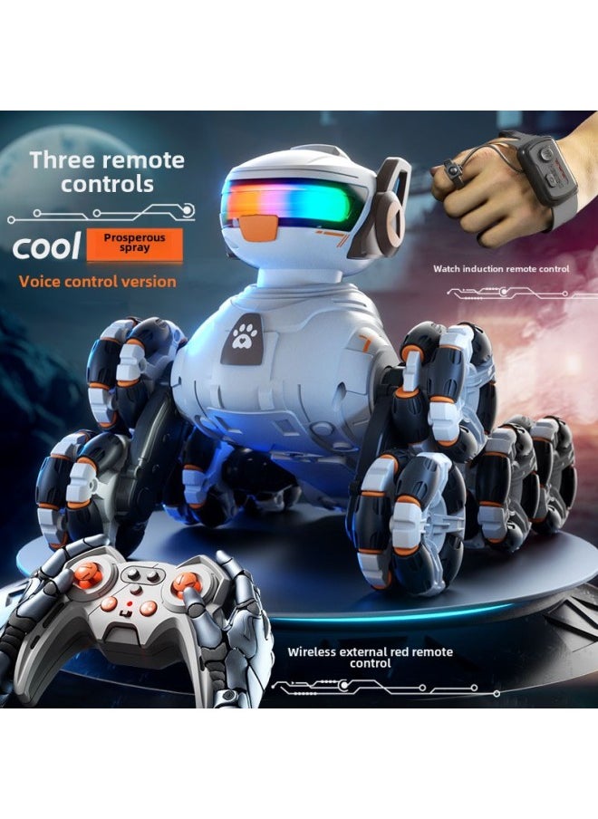 Children's Remote Control Car Eight-wheel Stunt Deformation Robot Dog Gesture Remote Control Induction Off-road Climbing Car Toy For Men-Color:Remote Control Smart Mechanical Dog-handle + Gesture Remote Control  White-Scale:Standard Single Battery
