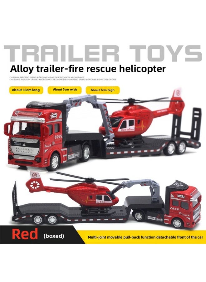 1:50 Alloy City Flatbed Transporter Trailer 33cm Car Model Sanitation Car Gasoline Car Toy Hot Sale-Color:Fire Trailer With Rescue Helicopter