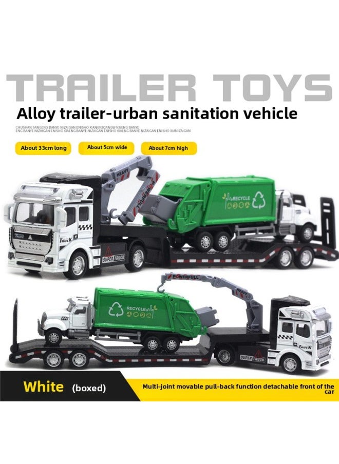 1:50 Alloy City Flatbed Transporter Variety Of Trailers 33cm Car Model Ladder Truck Excavator Toys-Color:City Trailer With Sanitation Vehicle