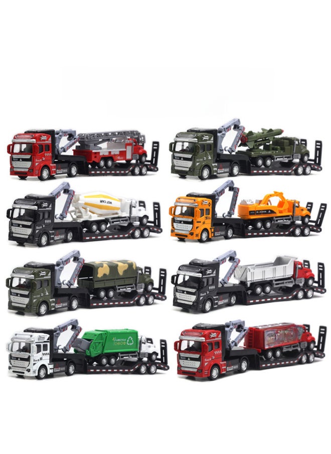 1:50 Alloy City Flatbed Transporter Variety Of Trailers 33cm Car Model Ladder Truck Excavator Toys-Color:City Trailer With Sanitation Vehicle