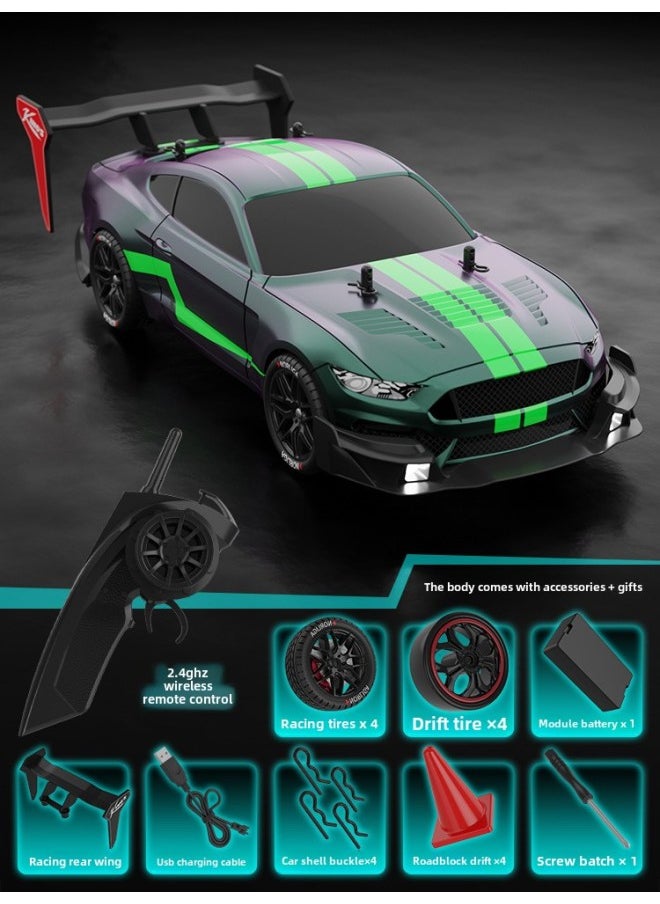 RC1:14 4-wheel Drive Remote Control High-speed Drift Car GTR Sports Car Light Boy Toy Remote Control Racing Car-Color:1:14 Green Wild Horse-Scale:Dual Battery Board