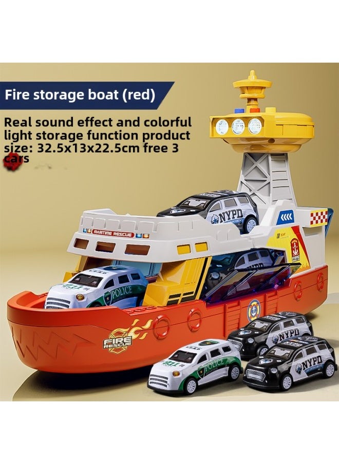 Oversized Children's Boat Toy Sound And Light Ship Model Boy Police Fire Can Be Stored Car 61 Gift-Color:[free 3 Alloy Cars] Extra Large Fire Boat