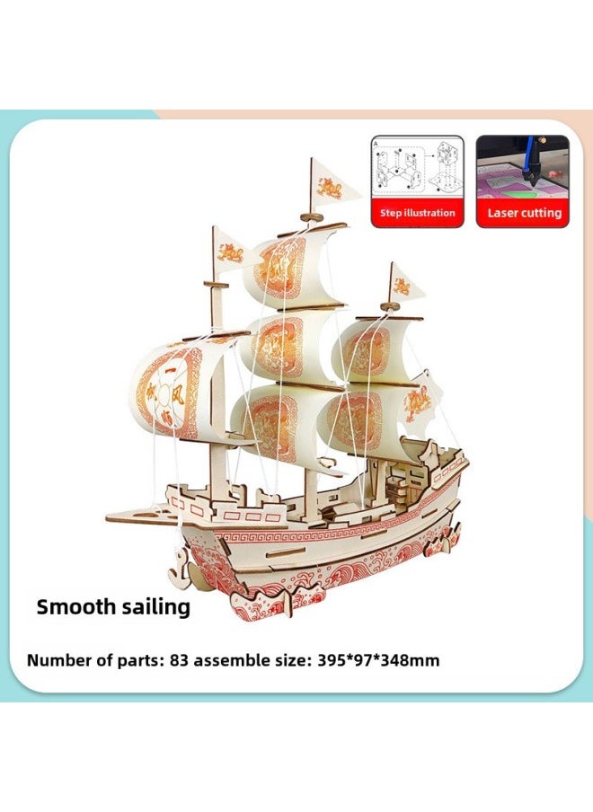 Creative Wooden 3D Puzzle Toy Sailing Series Ming Dynasty Merchant Ship Commemorative Red Boat Puzzle Toy Stall-Color:Smooth Sailing + Step Illustration