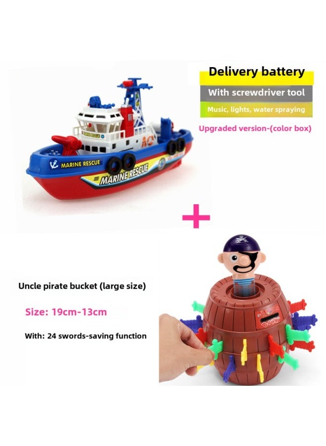 Electric Fire-fighting Ship Model That Can Spray Water Simulation Ship Warship Children Bath Boy Girl Toy Birthday Gift-Color:Can Be Photographed In Stock—upgraded Version + Pirate Bucket (large Size)