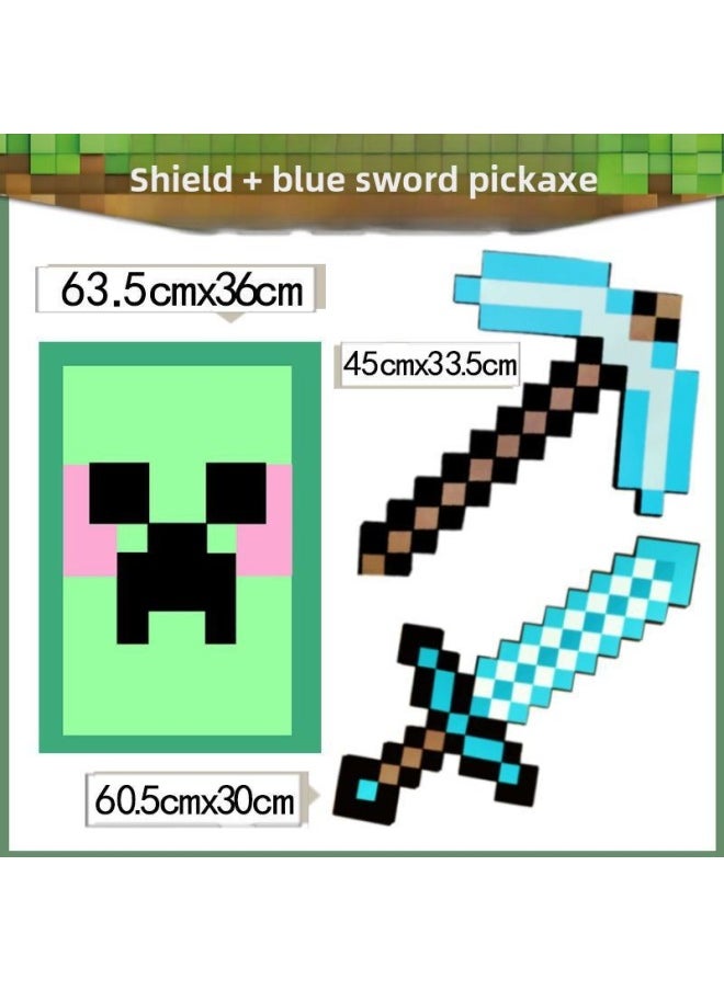 My World Arms Surrounding Hand-made Torch Lamp Children's Toy Axe Bow And Arrow Foam Diamond Sword Shield Model-Color:[shield + Blue Sword + Blue Pickaxe]