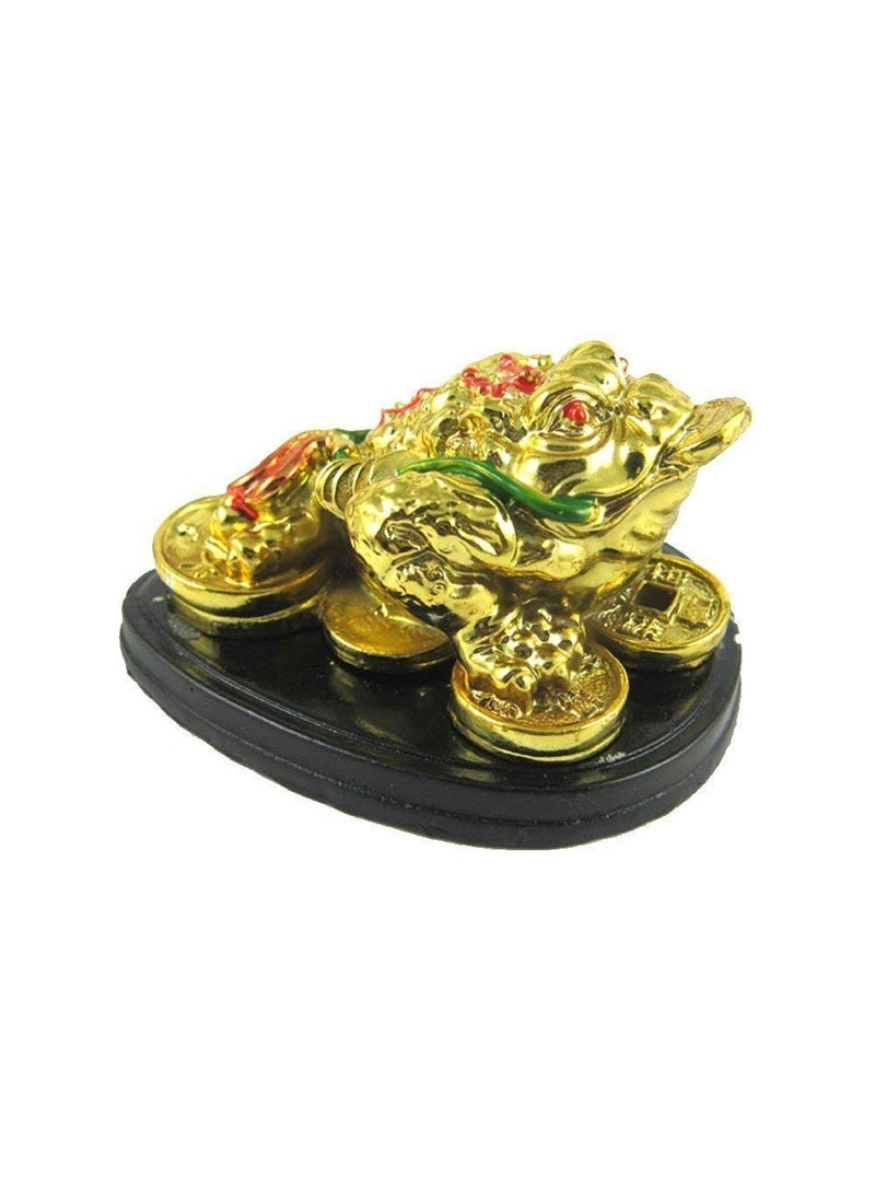 RIPE INDIA Feng Shui Money Frog Legged Toad Hold Two Ignots On A Pile of Money for Wealth Luck Legged Money Frog On Bed of Ingots Showpiece Gold Color
