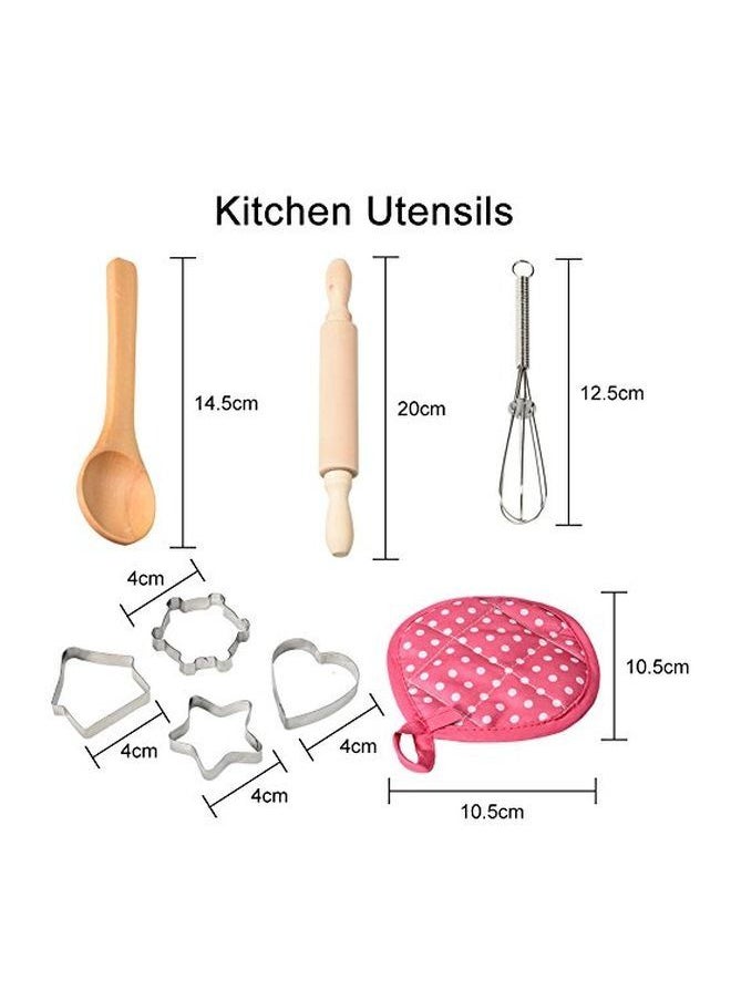 11-Piece Chef Role Playing Kitchen Set Hat 1x (26), Gloves (17), Apron (80x40), Spoon (14.5), Rolling Pin (20), Whisker (12.5), Cookie Cutters 4x (4), Mitts (10.5x10.5)cm