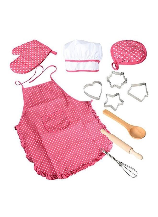 11-Piece Chef Role Playing Kitchen Set Hat 1x (26), Gloves (17), Apron (80x40), Spoon (14.5), Rolling Pin (20), Whisker (12.5), Cookie Cutters 4x (4), Mitts (10.5x10.5)cm