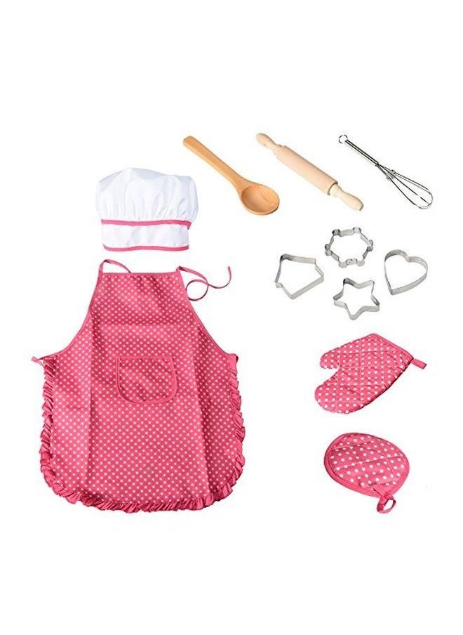 11-Piece Chef Role Playing Kitchen Set Hat 1x (26), Gloves (17), Apron (80x40), Spoon (14.5), Rolling Pin (20), Whisker (12.5), Cookie Cutters 4x (4), Mitts (10.5x10.5)cm