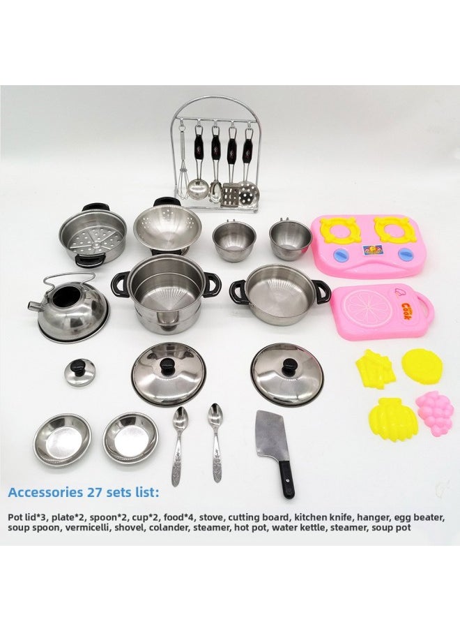 Safety And Environmental Protection Children's Mini Kitchen Stainless Steel Tableware Cooking Toy Boys And Girls Game Set-Color:18 Pieces Of High-grade Baking Varnish