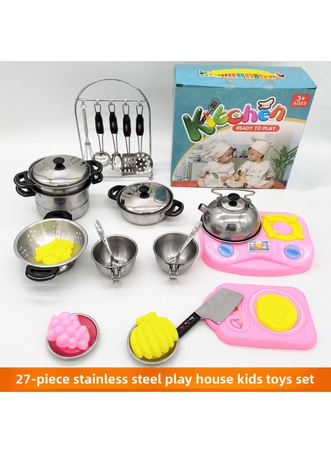 Safety And Environmental Protection Children's Mini Kitchen Stainless Steel Tableware Cooking Toy Boys And Girls Game Set-Color:18 Pieces Of High-grade Baking Varnish